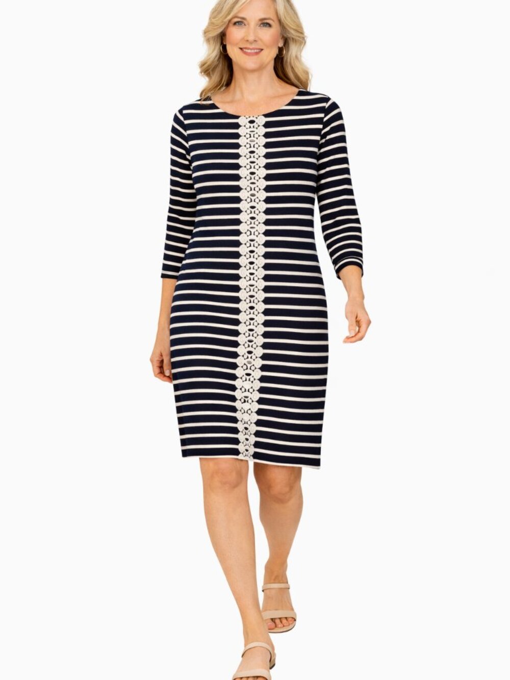 Sandra Darren Petite Shift Dress 12 Navy Stripe Lace 3/4 Sleeve Work Office